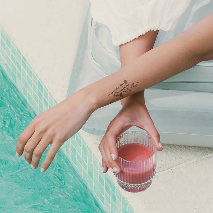 Juniper Branch Calligraphy Temp Tattoo | Skin and Hat Tattoo for wholesale by Words for a Season