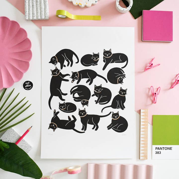 Cats, Cats, Cats- Limited Edition 2 Colour A3 Riso Print for wholesale by Nat Ellis Illustration