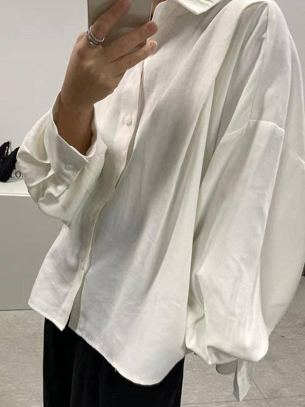 StyleGalX - Wholesale Button Down Shirt - Women's - Simple Long Sleeves Loose Buttoned Pleated Solid Color Lapel Collar Blouses&Shirts Tops4