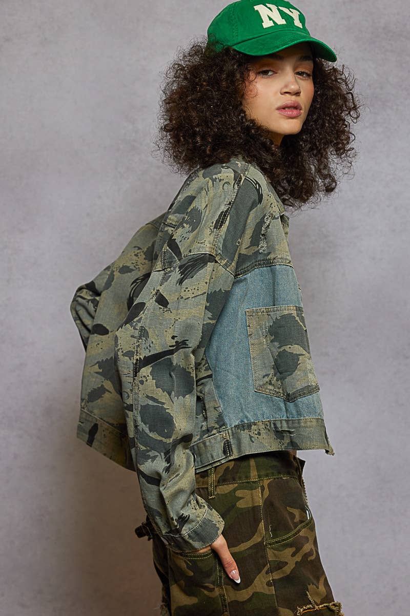 VINTAGE CAMO Leopard Print Button Down Denim Jacket for wholesale on Faire2