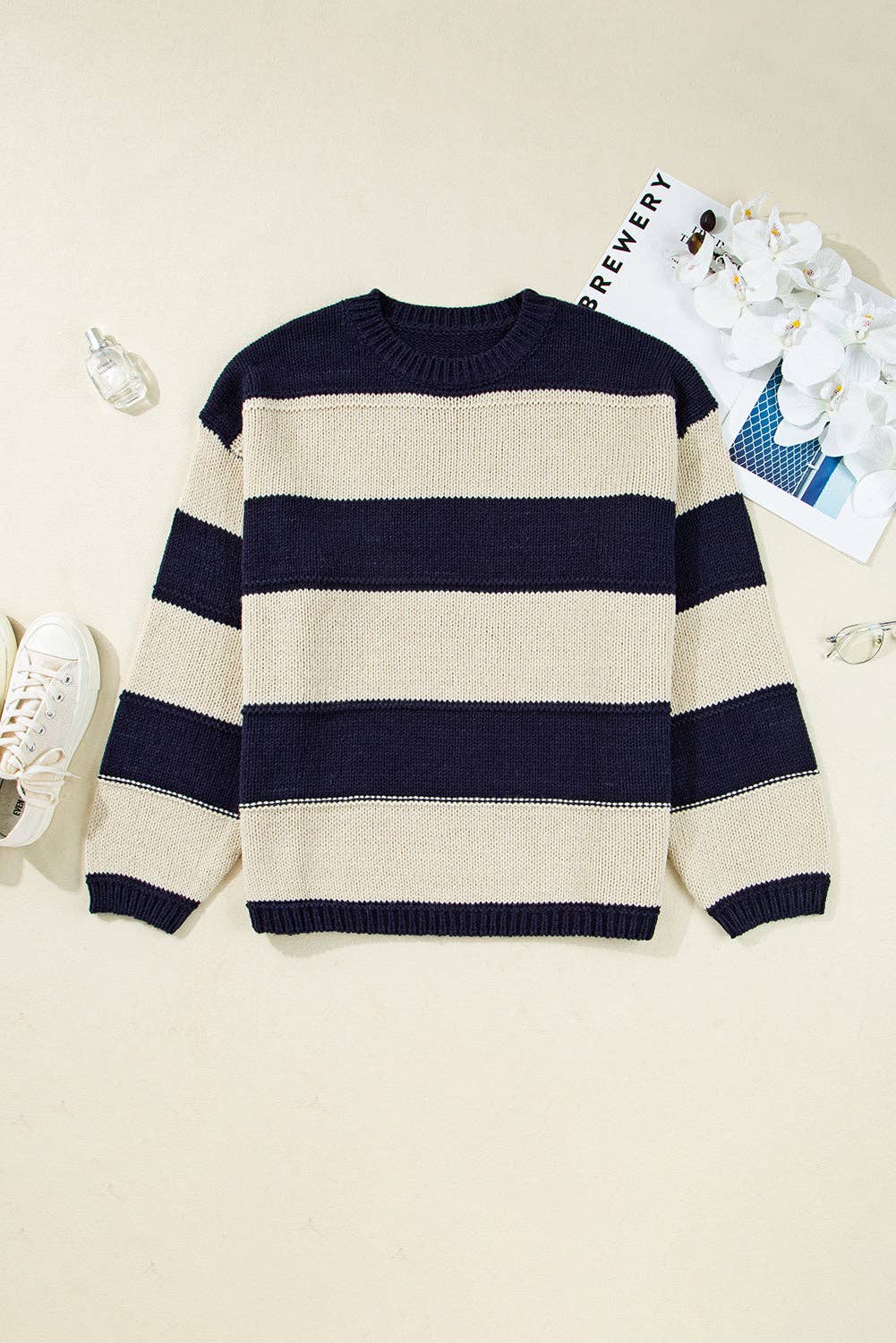 PRETTY BASH - Wholesale Knit Sweater - Women's - Plus Size Stripe Colorblock Drop Shoulder Sweater5