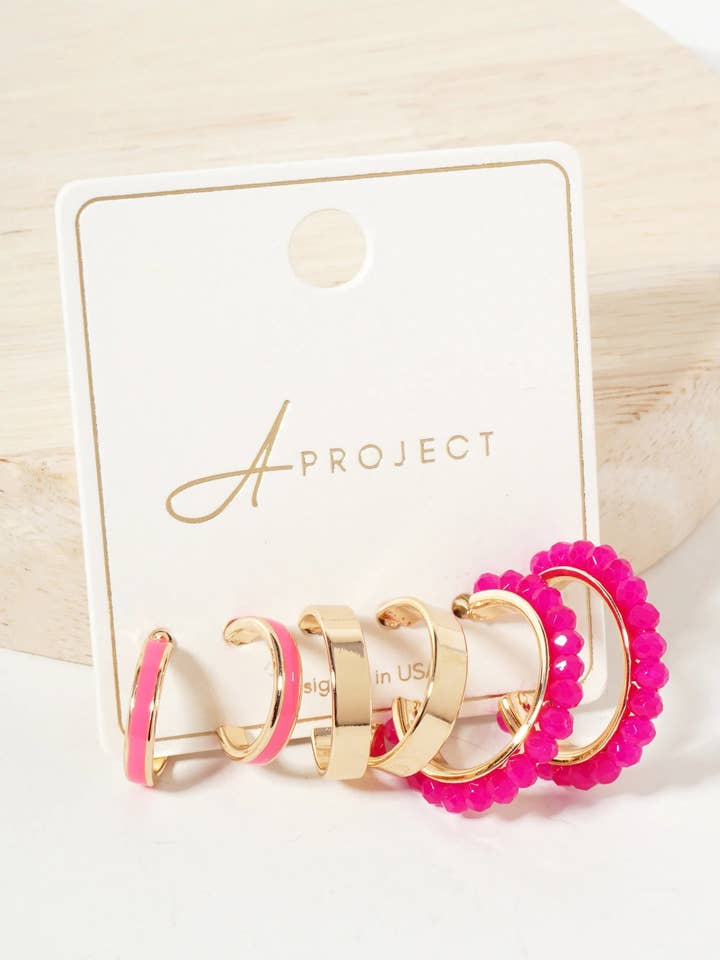 3-PC-Set 15-18-25mm Enamel Faceted-Glass-Beaded Hoop Earrings for wholesale by Wild Honey