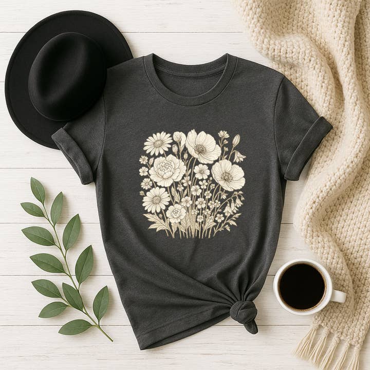 Camiseta Vintage de Flores Silvestres - Camiseta de Arte Lineal Botánico para venta al por mayor de PressPilotCo