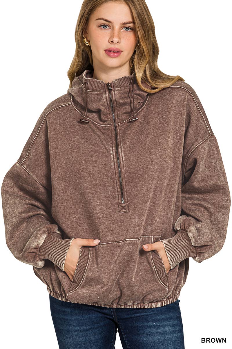 Vanilla Monkey - Wholesale Hoodie - Women's - Washed Drawstring Hem Half Zip Kangaroo Hoodie2