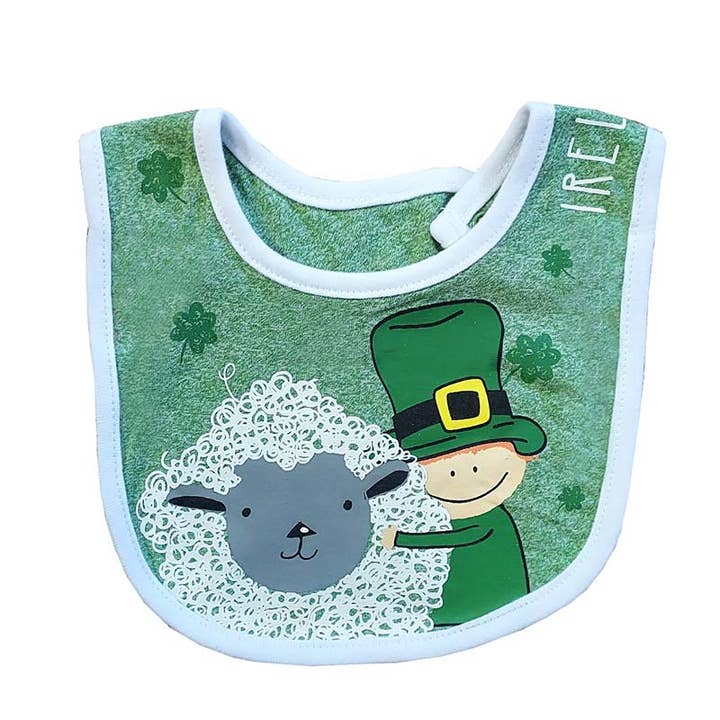 Green Grindle Leprechaun & Sheep Baby Bib for wholesale by Dublin Gift Company