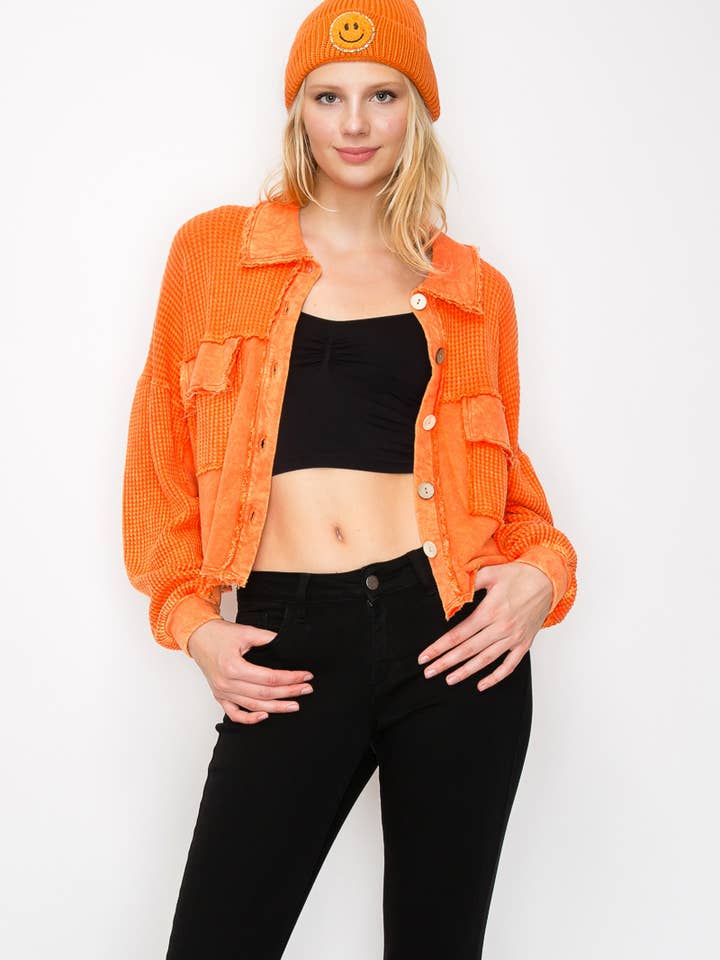 J.Her - Wholesale Shirt Jacket/Shacket - Women's - Mineral Wash Button Cropped Shacket HT55606