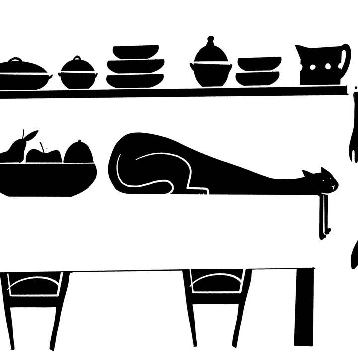 Poster A4 Gatto Nero Rilassato Sul Tavolo Della Cucina per la vendita all'ingrosso da parte di Tostoini