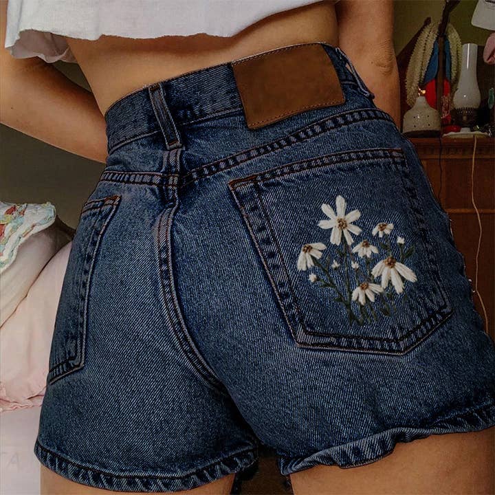 Tourtiwi - Wholesale Shorts - Women's - Women's Flower Print Summer Denim Shorts