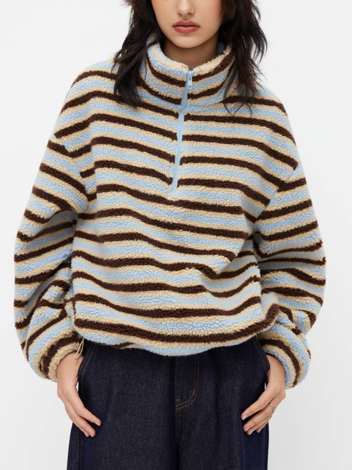 contrast stripe half zip sherpa pullover for wholesale by Rosa Clothing