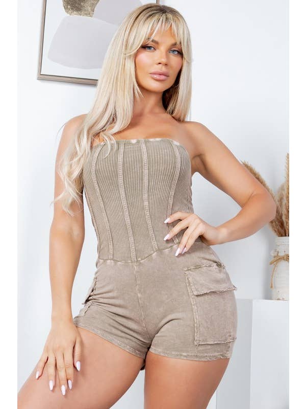 Jour - Wholesale Romper - Women's - Mineral Washed Tube Corset Romper GD43317