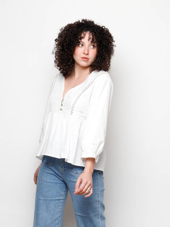 Blouse with openwork and embroidery detail. for wholesale by Le Muse