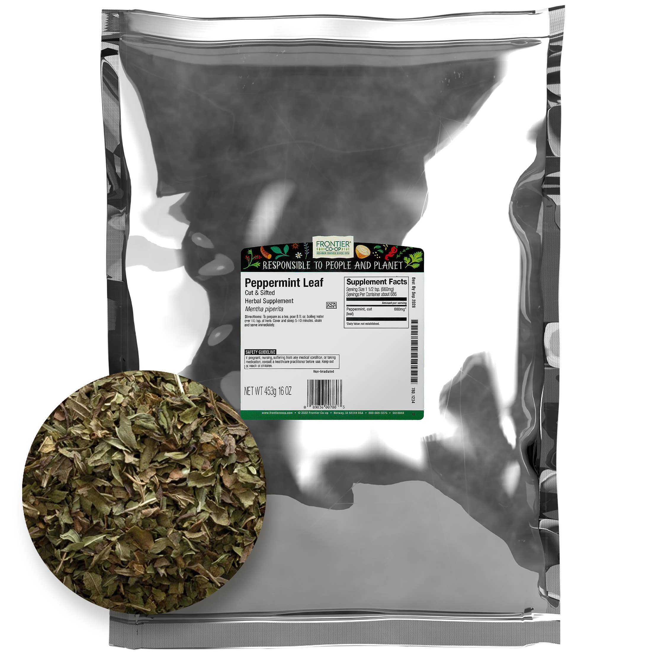 Frontier Co-op - Wholesale Herbs - Peppermint Leaf, Cut & Sifted, Kosher, Non ETO, Bulk, 1lb1