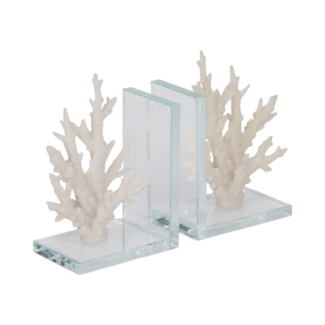Sagebrook Home - Wholesale Bookend - Bookends Set of 2 - White Resin Coral on Glass, 7 in.7