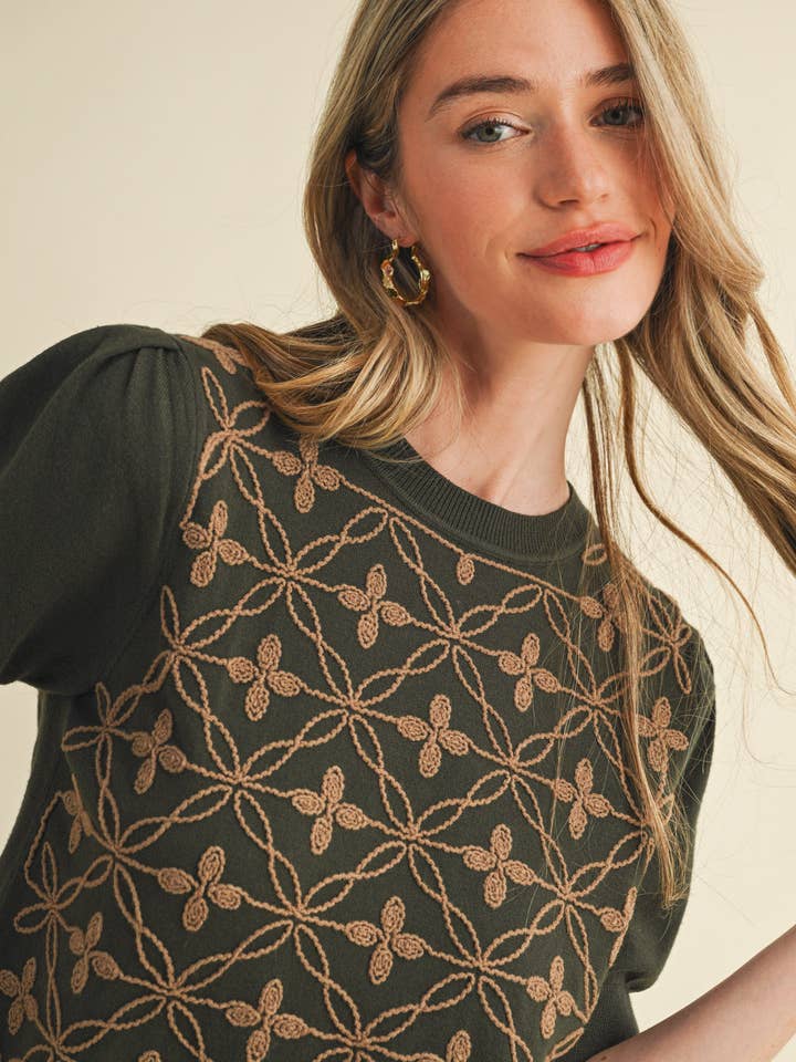 &MERCI - Wholesale Knit Sweater - Women's - SHORT PUFF SLEEVE EMBROIDERY FRONT SWEATER MSW1083219