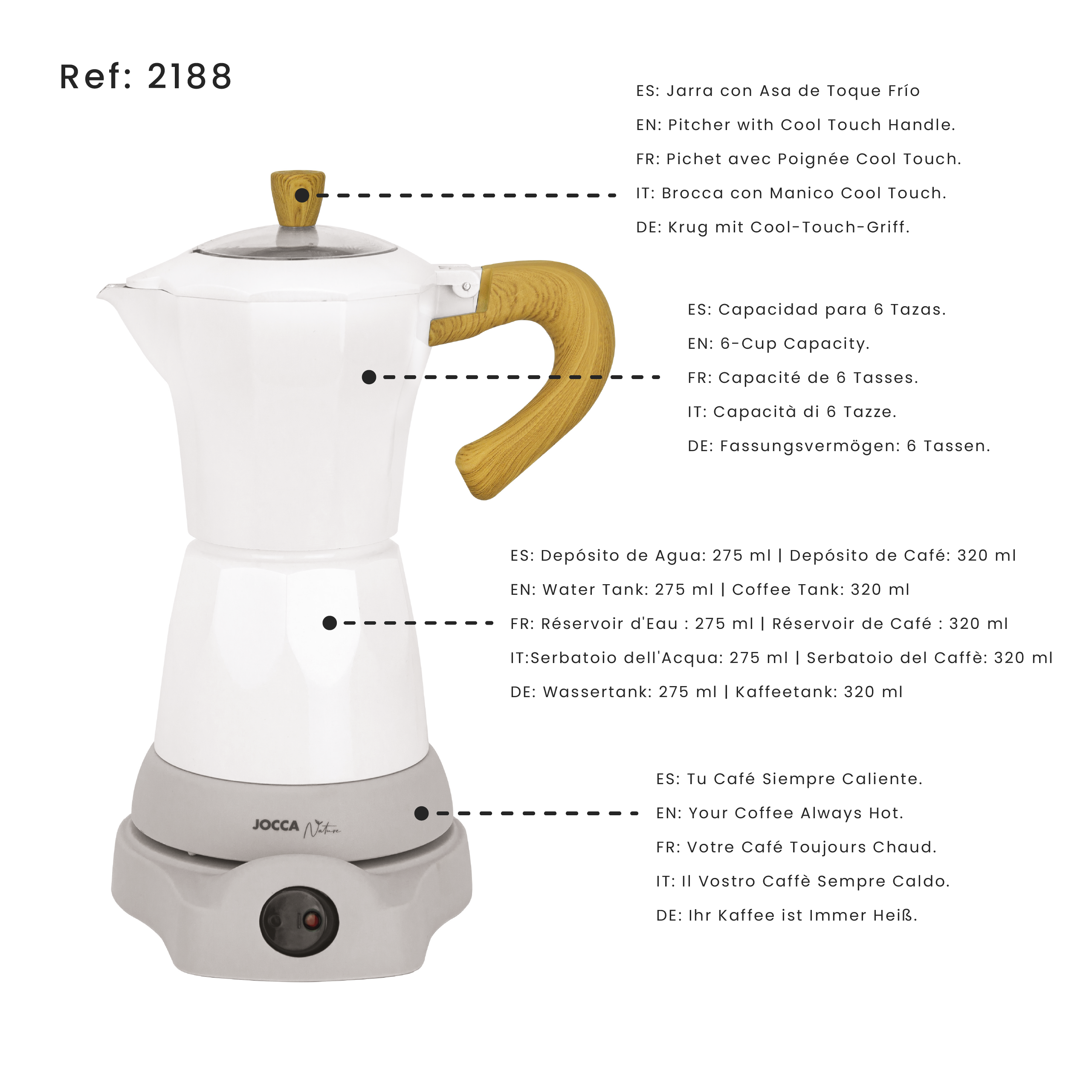 JOCCA - Wholesale Coffee Machine - Cafetera Eléctrica de 6 Tazas Línea Nature Blanca3