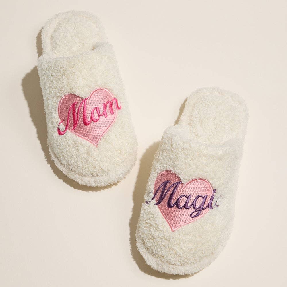 PK Fuzzy Slippers with Mom Magic Heart Embroidery for Christmas Gift for wholesale on Faire0