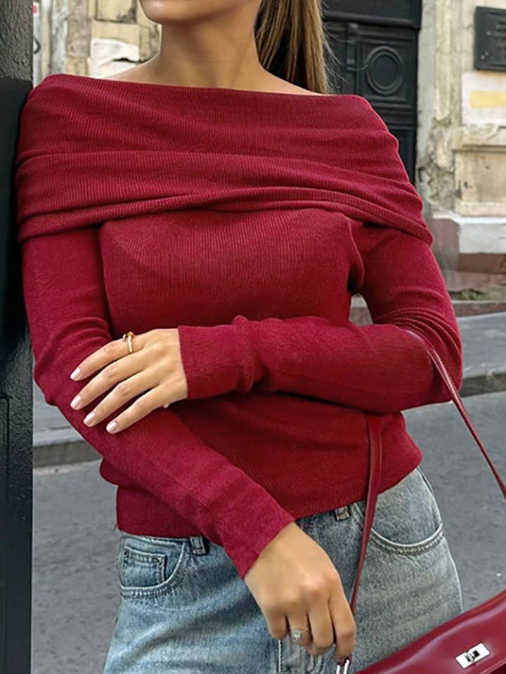 WINE Off-Shoulder Knit Top for wholesale on Faire5