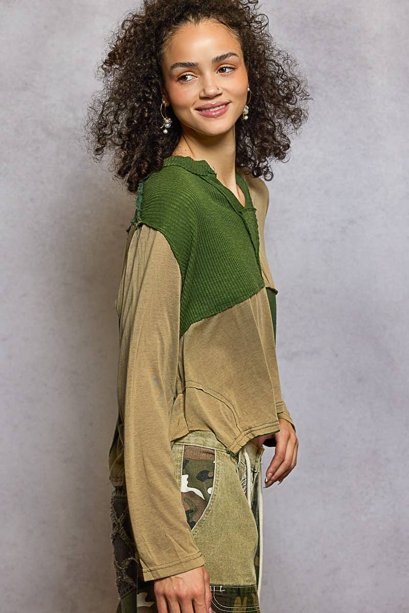 Pol Clothing - Wholesale Knit Top - Women's - Notched neck contrast fabric long sleeve top9