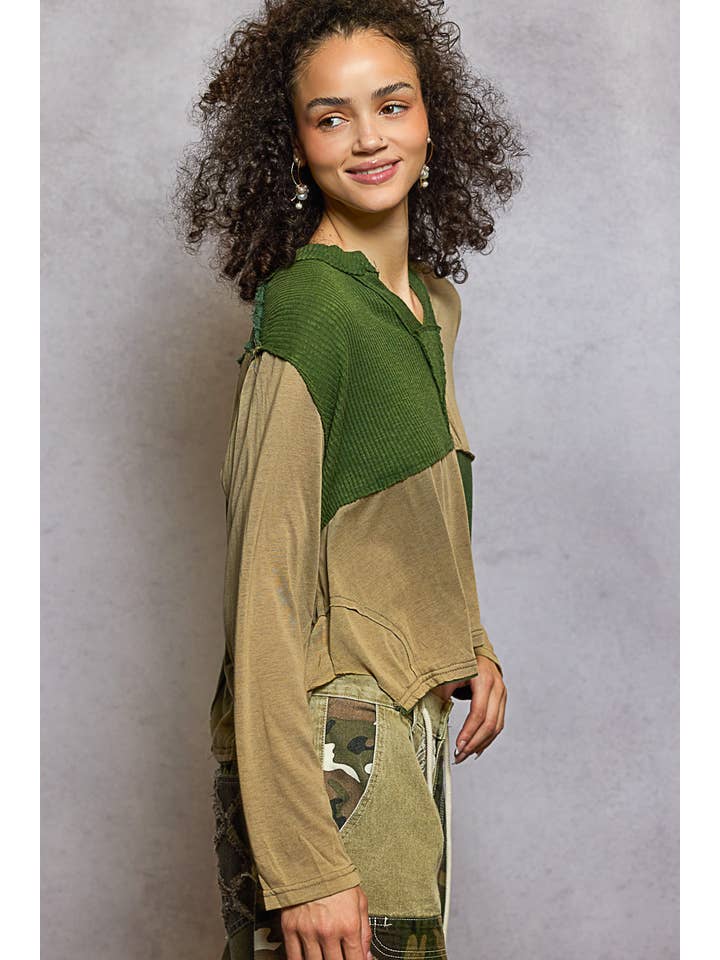 Pol Clothing - Wholesale Knit Top - Women's - Notched neck contrast fabric long sleeve top9