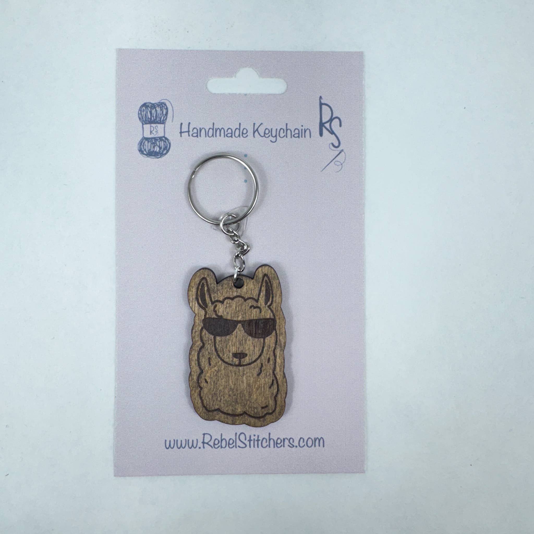 Art by Erica H & Rebel Stitchers - Wholesale Keychain - Unisex - Handmade Wooden Alpaca Keychain – Engraved with Sunglasses4