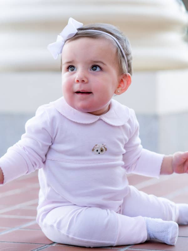 Spotted Girl Puppy Pima Playsuit | Lt Pink Mini Stripe for wholesale on Faire1