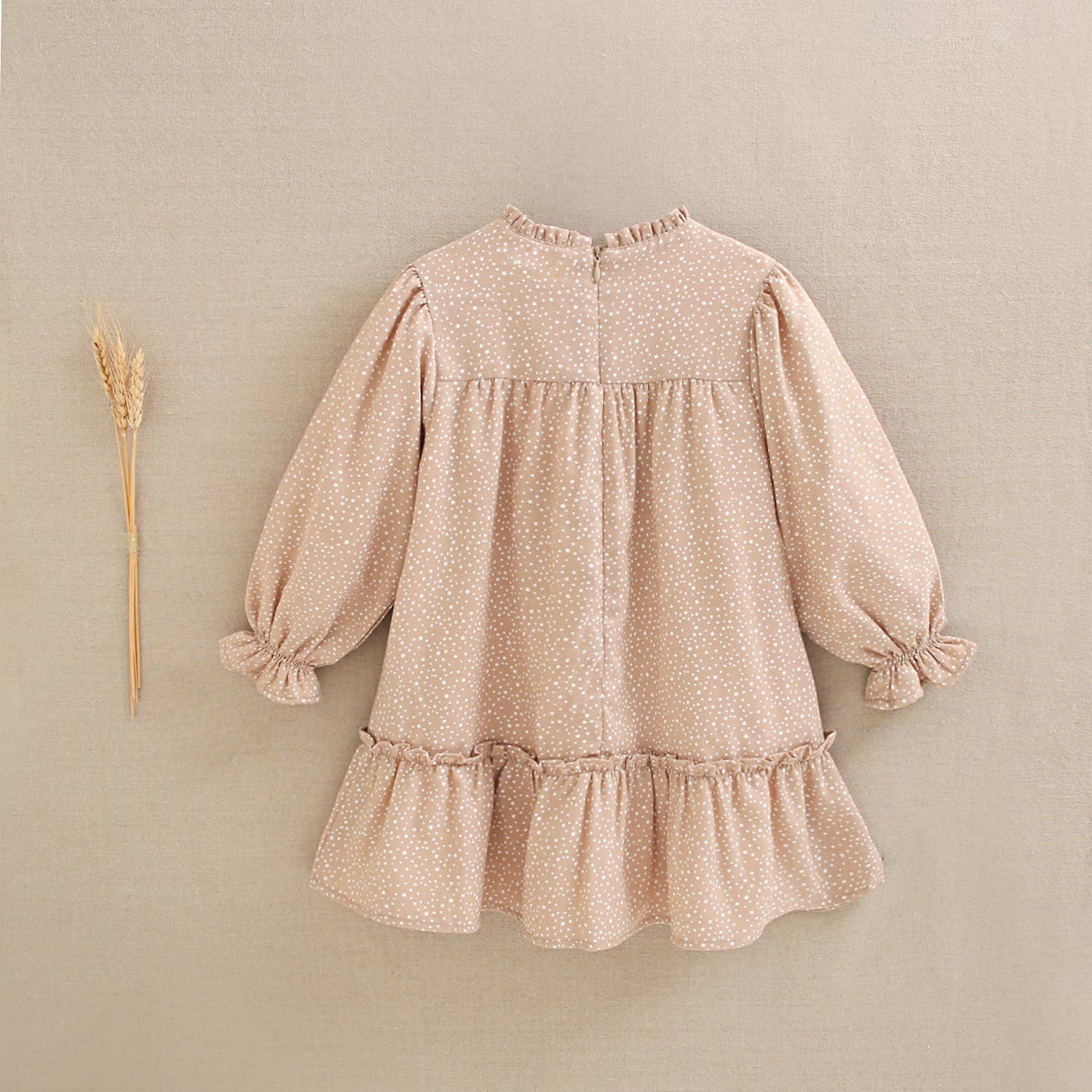 Dadati - Wholesale Dress - Kids - Tan beige dress with white star print4