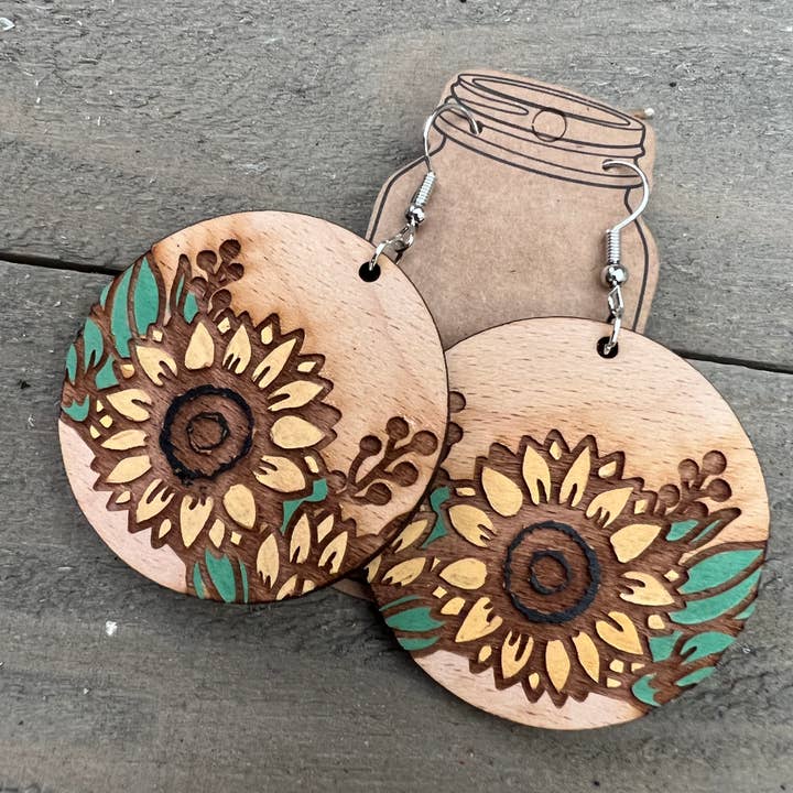 Round Sunflower Engraved Hand painted Wood Earrings for wholesale by Jill's Jewels