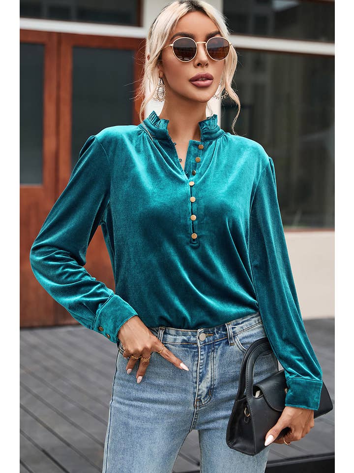 PRETTY BASH - Wholesale Blouse - Women's - Velvet Frilled Neck Buttoned Top2