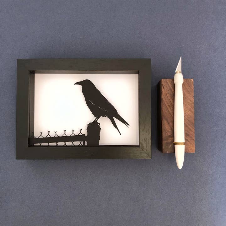 Framed Hand Cut Paper Art- 5x7" - Raven bird silhouette for wholesale by Squirrel Tacos Papercuts