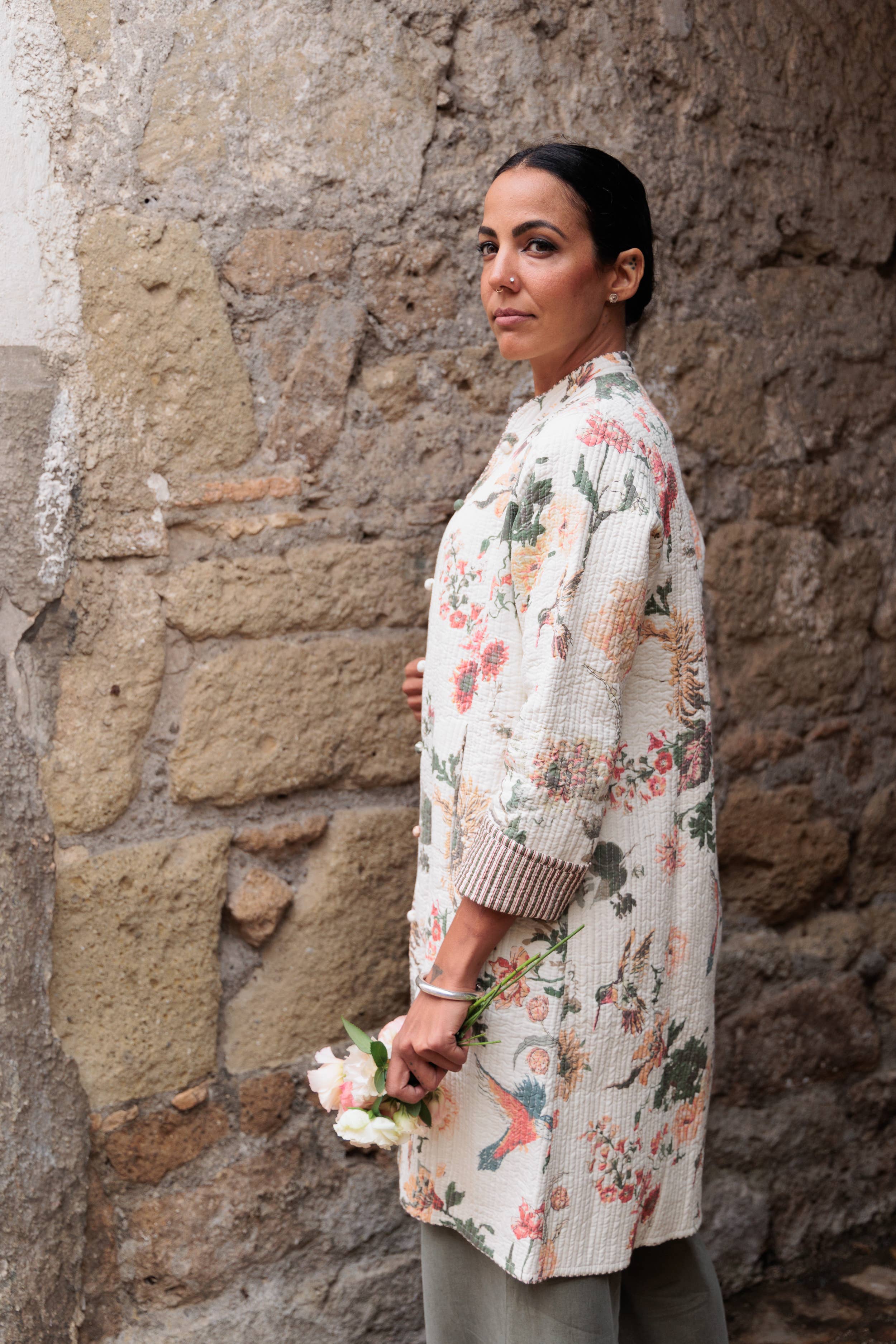 Devi Shop - Wholesale Coat - Women's - Midi Quilted Daya Coat ~ Blooms White6