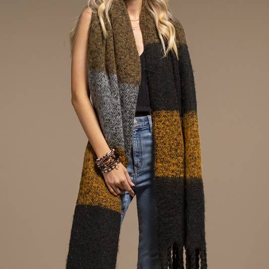 BLACK MULTI Plush Wide Stripe Oblong Scarf for wholesale on Faire0