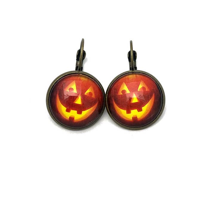2016 Jack-o’-lantern USA Halloween Stamp - Postage stamp jewelry - Postage Stamp Earrings - French clip earrings in antique bronze finish for wholesale by Postage Stamp Jewelry