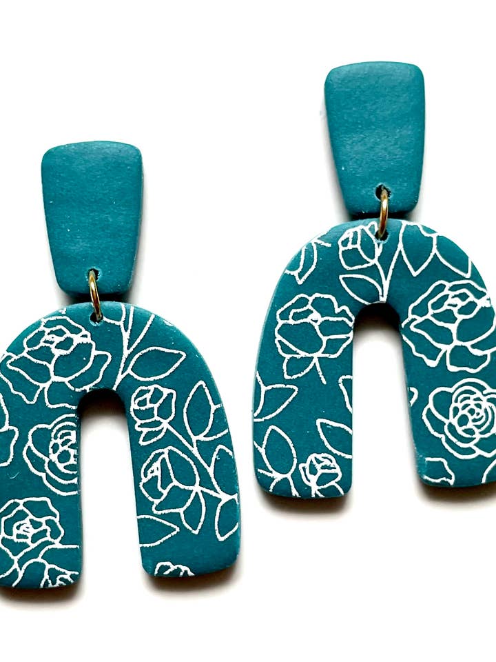 Teal with Floral Detail Clay Earrings for wholesale by Clay by K