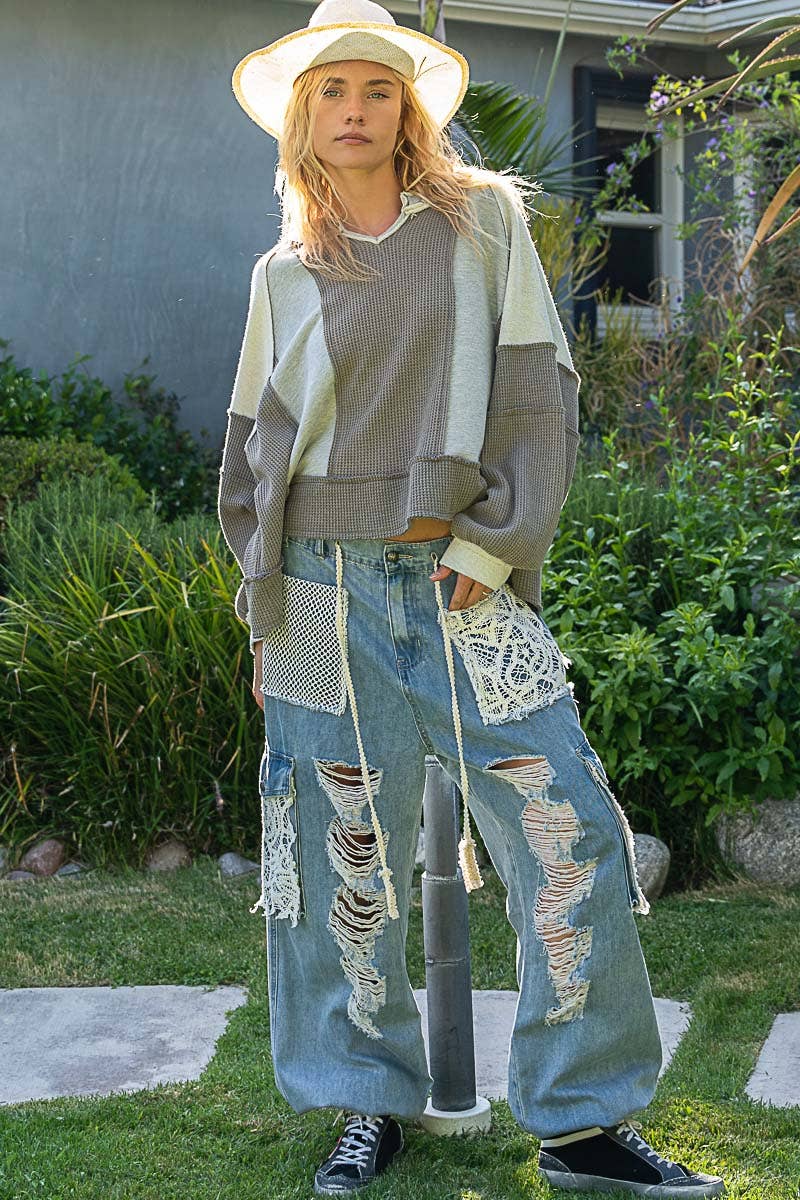 Pol Clothing - Wholesale Knit Top - Women's - Notched Neck Contrast Fabric Basic Long Sleeve Top SALE22