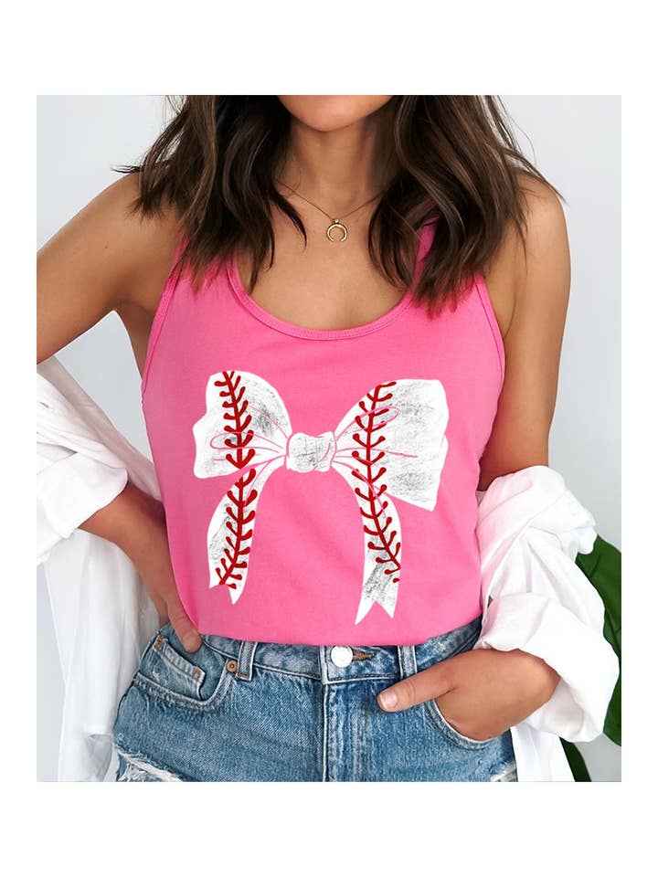Coquette Bow Baseball Graphic Racerback Tank Top for wholesale by COLORBEAR
