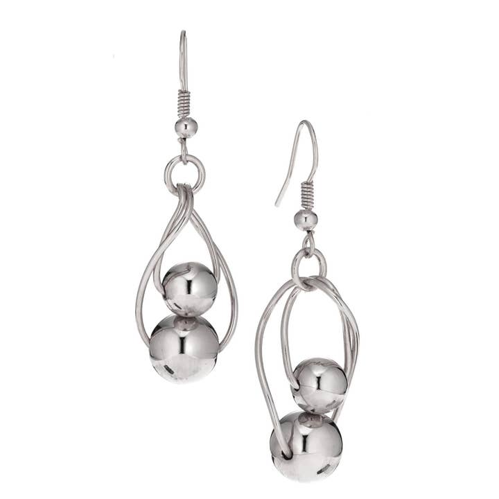Boucles d'oreilles pendantes à double boule en métal argenté pour la vente par Luxe on Main LLC