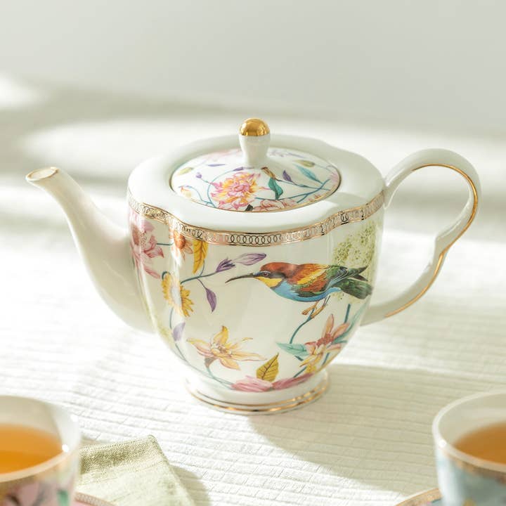 Spring Flowers with Hummingbird 30oz Fine Porcelain Teapot for wholesale by Grace Teaware