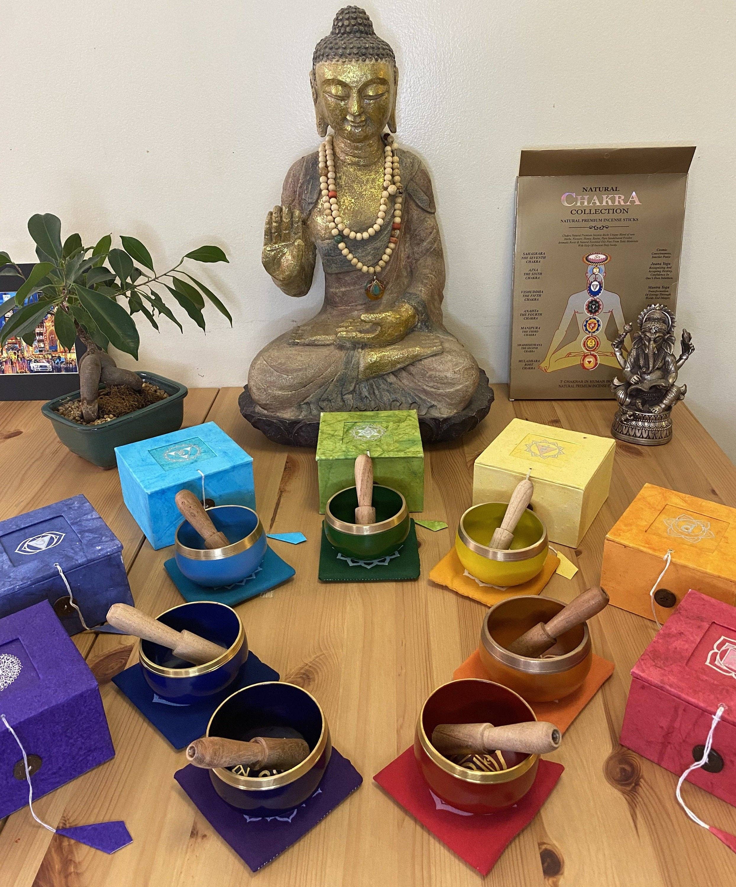 Tibet Handicrafts LLC – wholesale Meditation supplies – Chakra Singing Bowls Set or Single Chakra bowl. Tibetan Singing bowls, Healing Sound Bowls, Meditation Bowls, in 3.5" size.2
