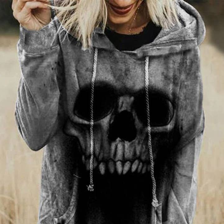 Punk-Hoodie für Damen mit Totenkopf-Aufdruck auf der Fronttasche für den Großhandel von Tourtiwi