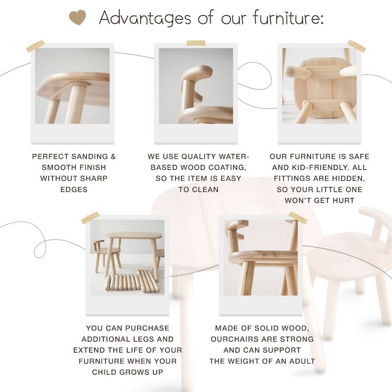 ODEAS – Cadeira - Crianças por atacado – Conjunto de mesa e duas cadeiras de madeira para crianças pequenas7