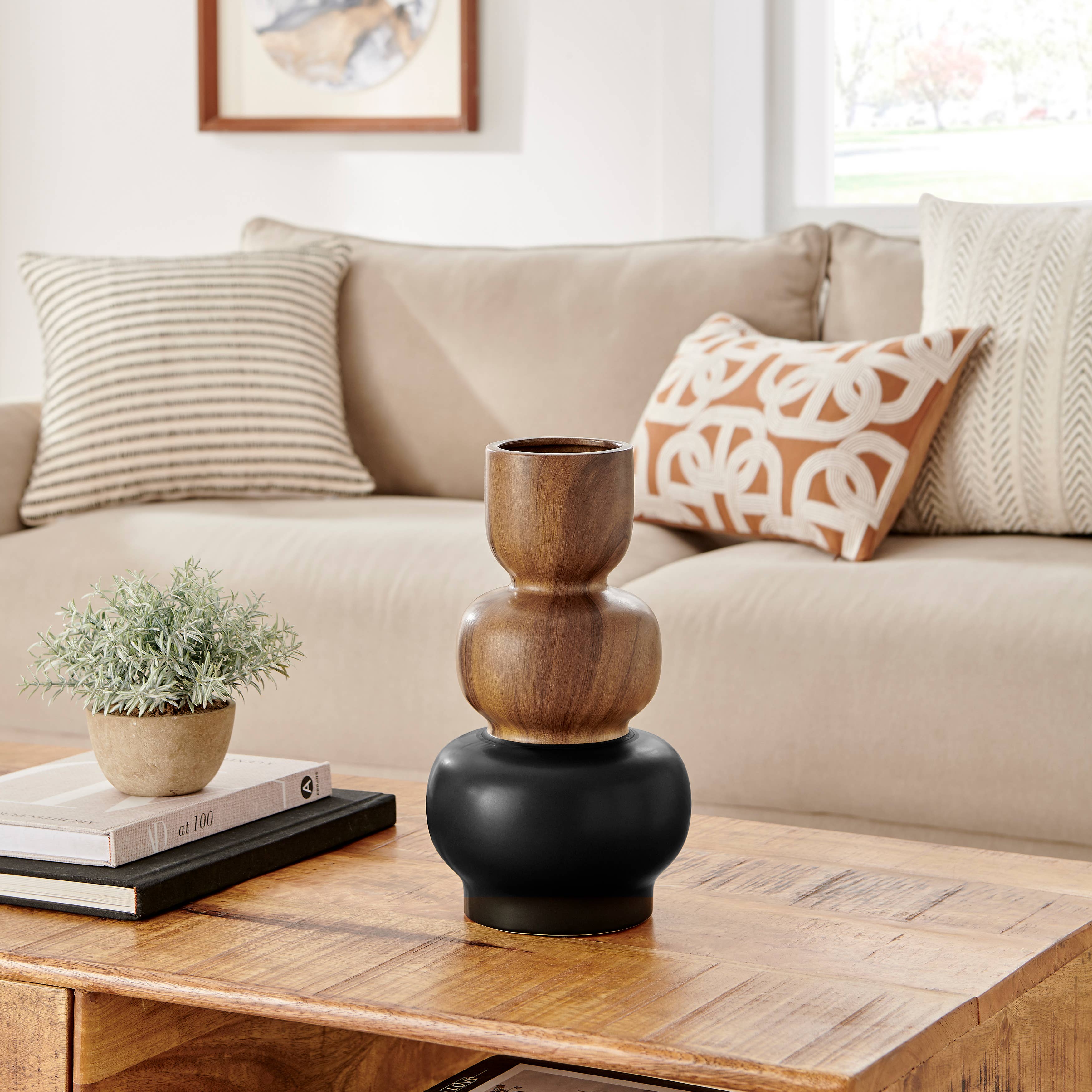 Danya B – wholesale Vase – Milo Trinnet 3 Tier Stack Two Tone Vase Black and Walnut2