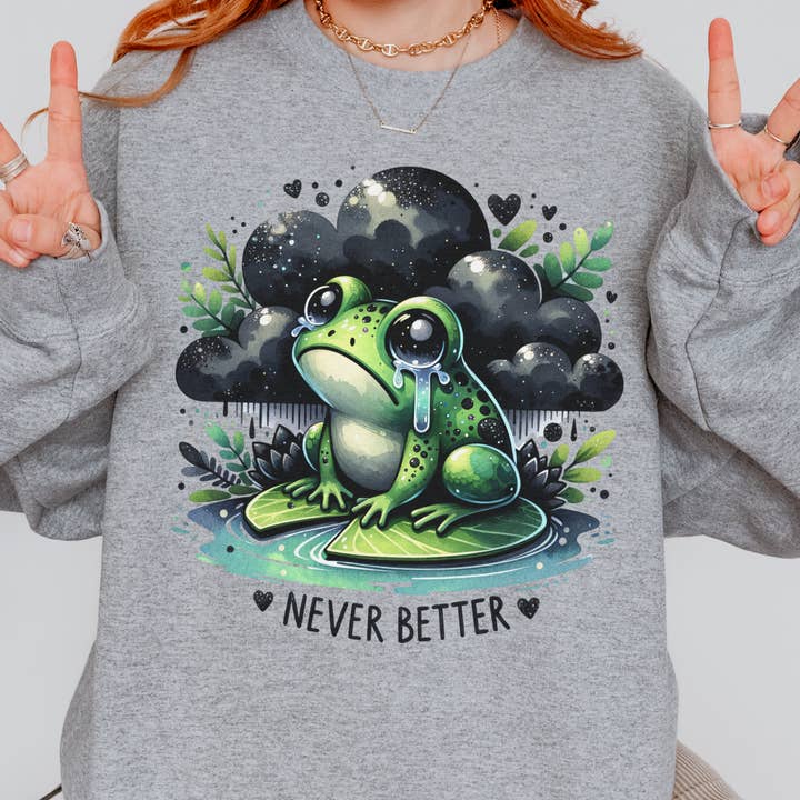 Never Better Crying Frog Mental Health Unisex Tung Blandad tröja med rund hals för wholesale av with love, aj.