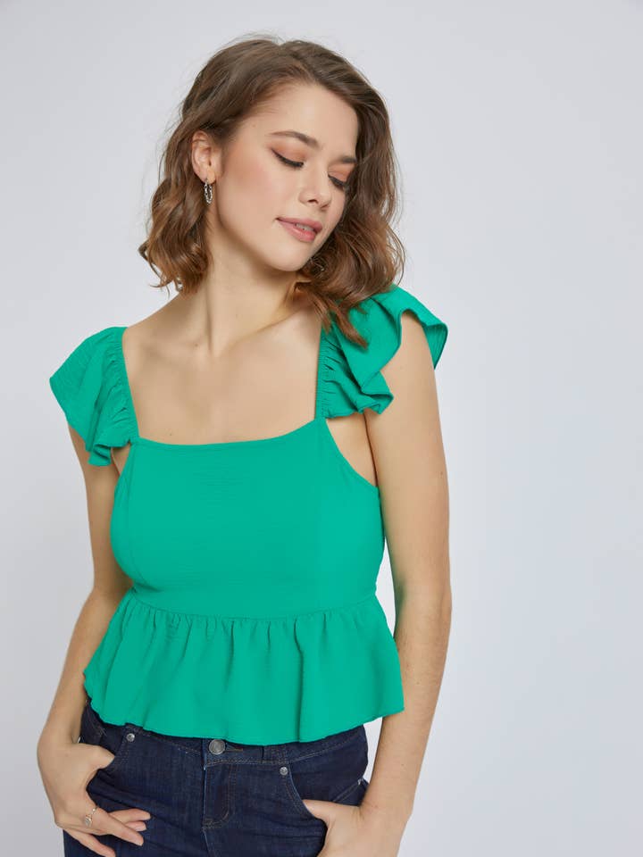 Solid flagrende ærme peplum hem slips tilbage top for engroshandel hos MILEY + MOLLY