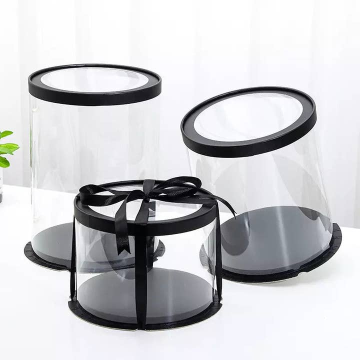 Round Tall Transparent Clear Box with base and CLEAR Lid for wholesale by Elegant Design Supply