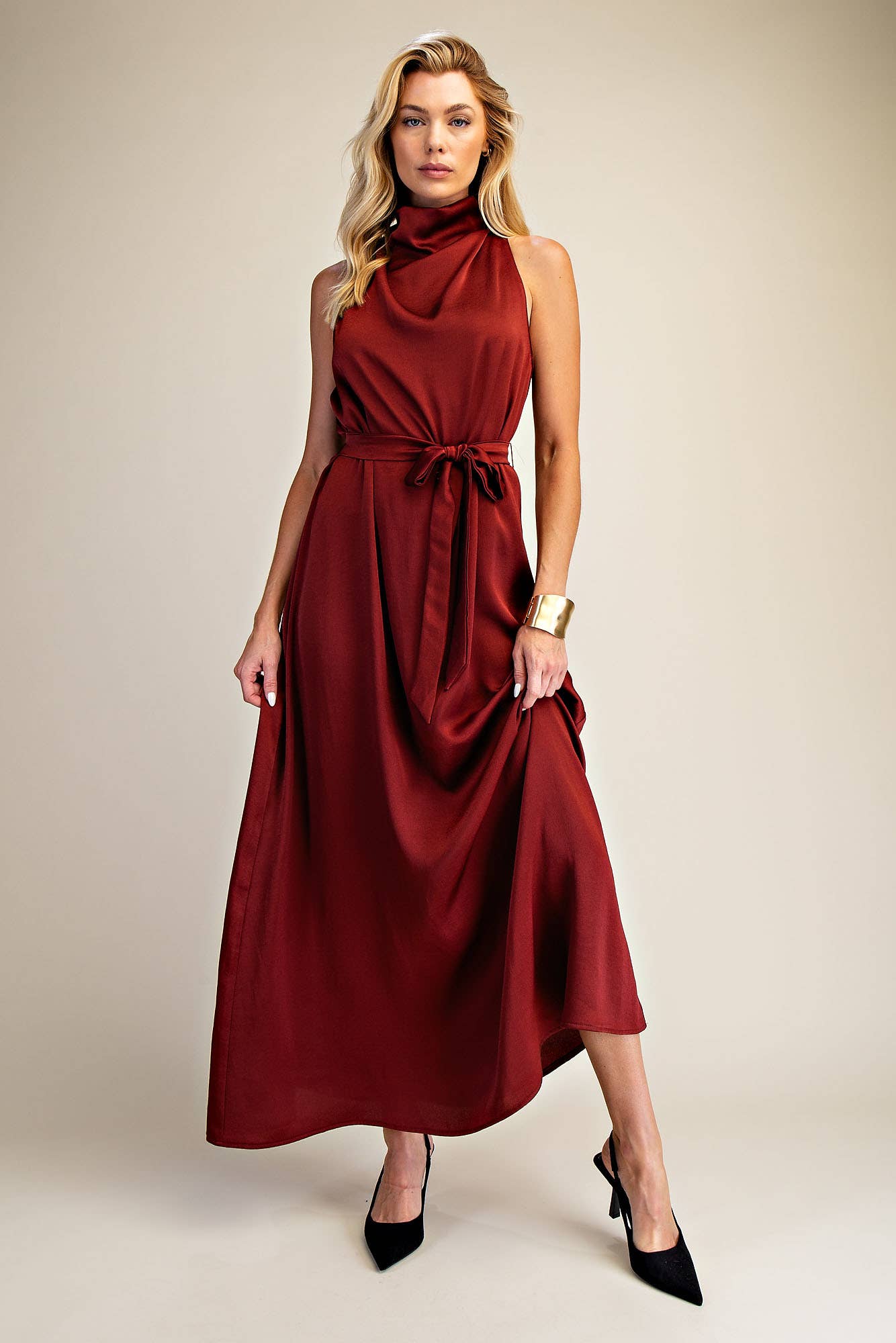 Glam - Wholesale Dress - Women's - Mock Neck Sleeveless Waist Lace Tie Dress1