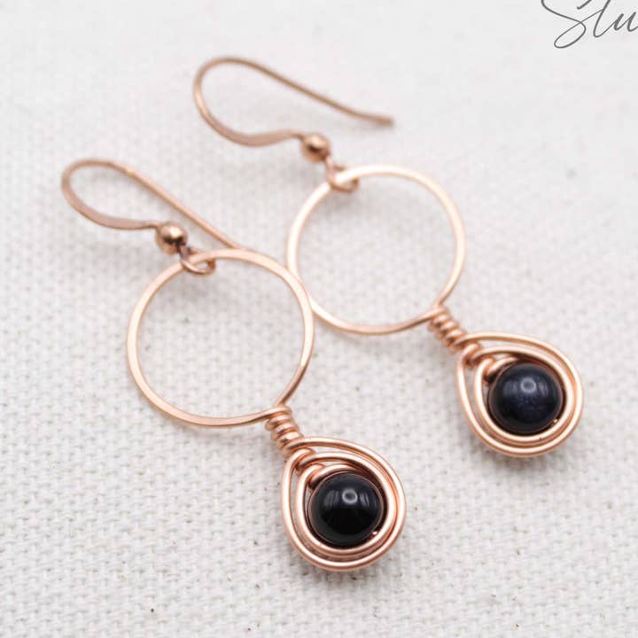 Copper and Black Onyx Gemstone Wire Wrapped Earrings for wholesale by Pillar of Salt Studio
