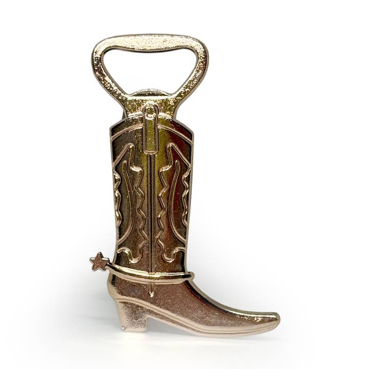 Cowboy Boot Bottle Opener – Gold Tone Stainless Steel for wholesale by Rainbow Unicorn Birthday Surprise