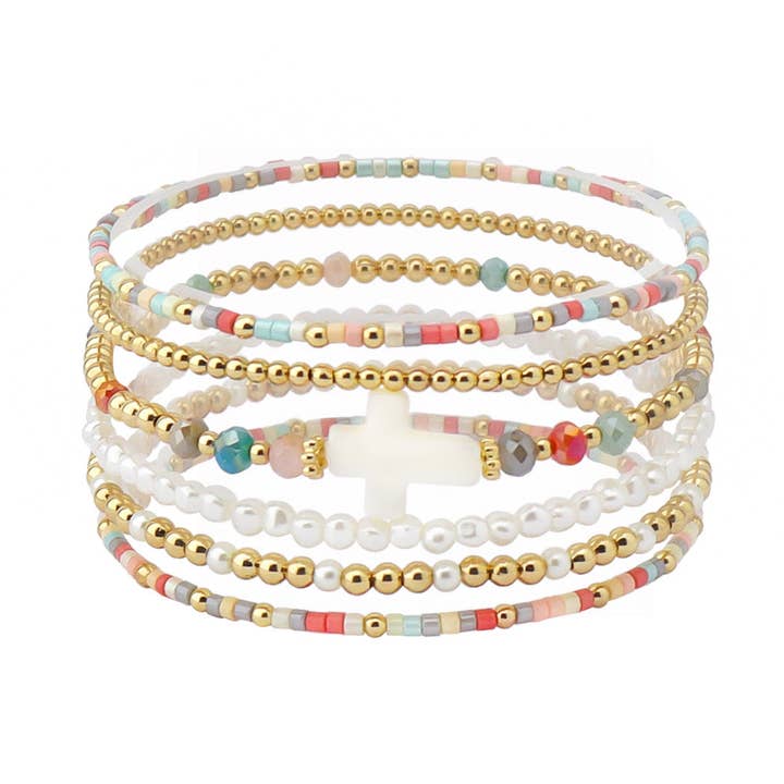 Set van 5 gouden kralen met multi-zaadkraal en wit kruis stretch armbanden voor wholesale door What's Hot