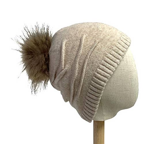 24S-1031 Two Layered Cashmere Blend Beanie w/ Coyote Fur for wholesale by Shihreen Inc