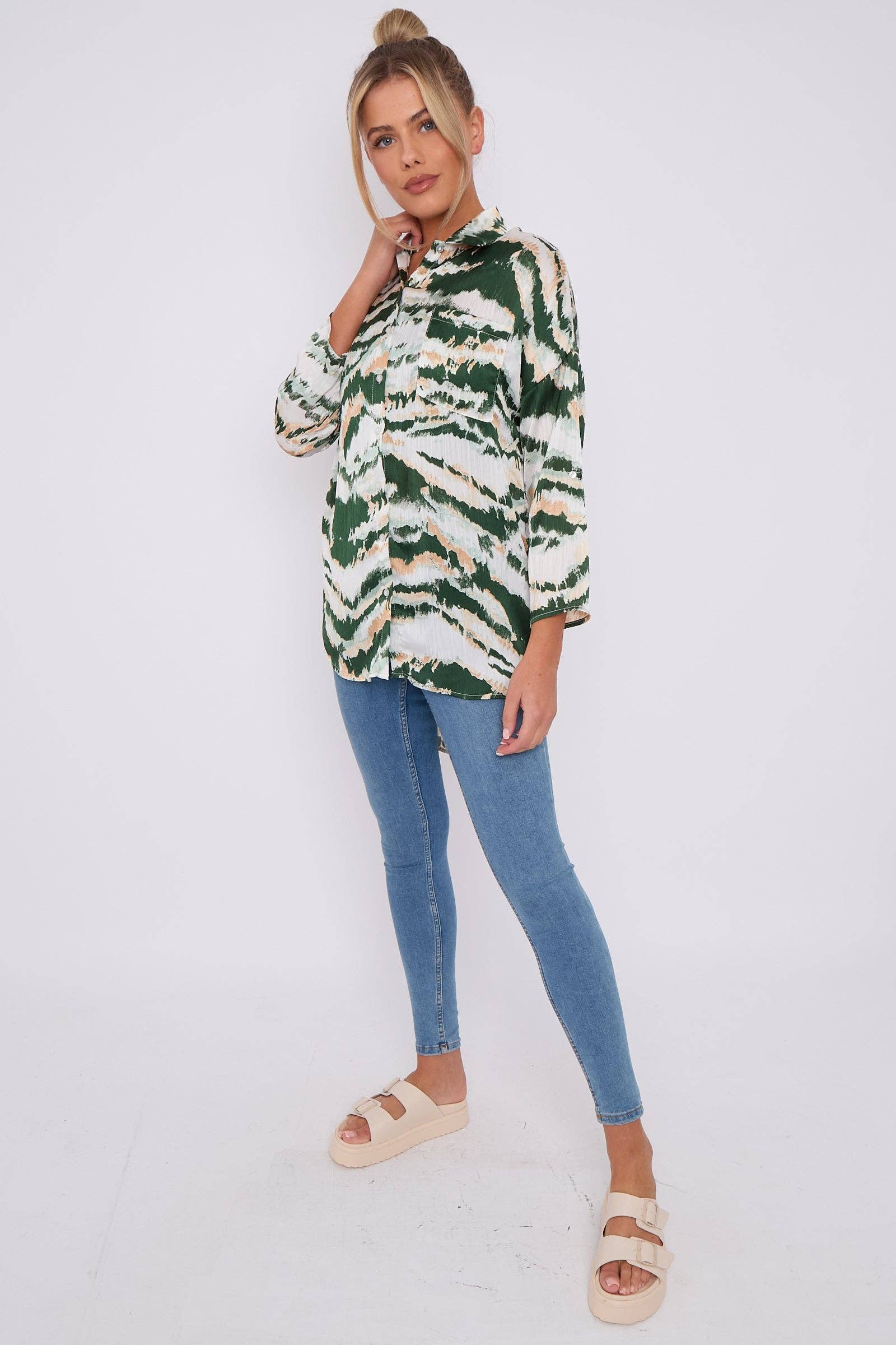 Green Tie Dye Stripe Print Satin Oversized Shirt for wholesale on Faire4